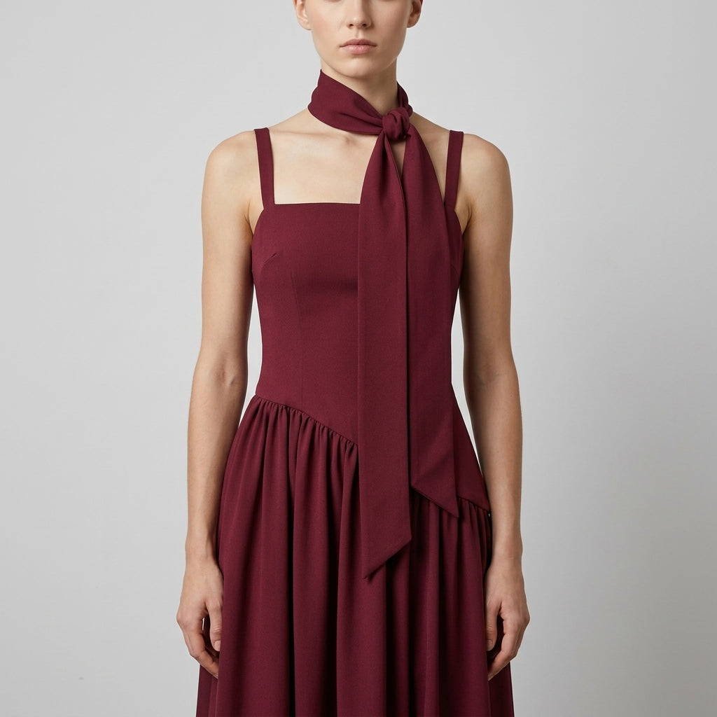 Pleated Scarf Strap High Slit Maxi Dress