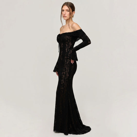 One-Shoulder Bell Sleeve Lace Maxi Gown
