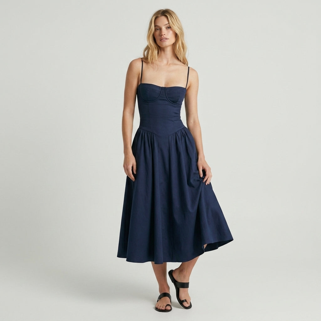 Off-The-Shoulder Puff Sleeve Corset Midi Dress