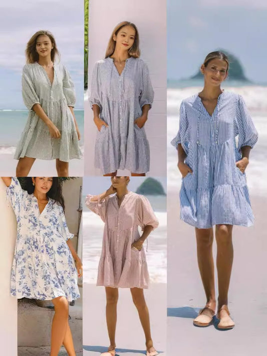 Linen Striped Button Maxi Dress