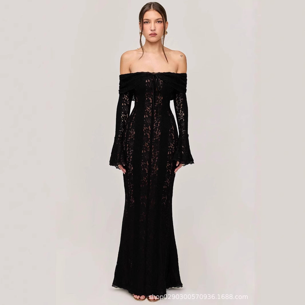 One-Shoulder Bell Sleeve Lace Maxi Gown