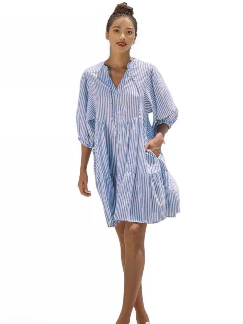 Linen Striped Button Maxi Dress