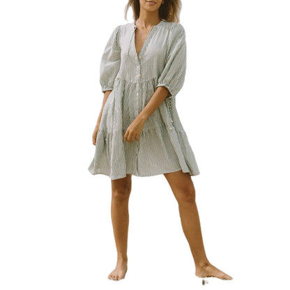 Linen Striped Button Maxi Dress