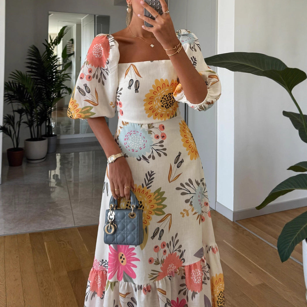 Floral Off-Shoulder Puff Sleeve Dress