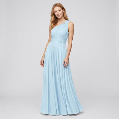 One-Shoulder V-Neck Chiffon Maxi Gown