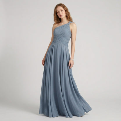 One-Shoulder V-Neck Chiffon Maxi Gown