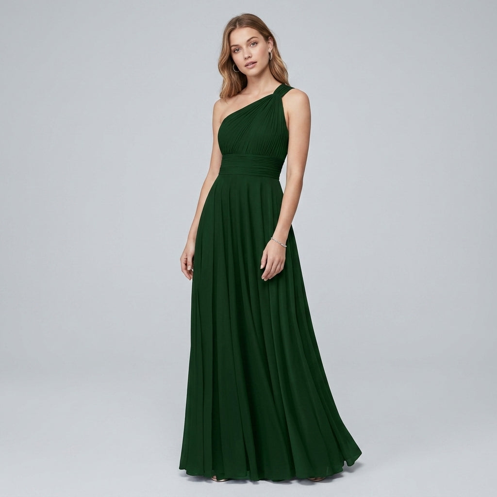 One-Shoulder V-Neck Chiffon Maxi Gown