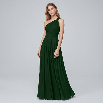 One-Shoulder V-Neck Chiffon Maxi Gown