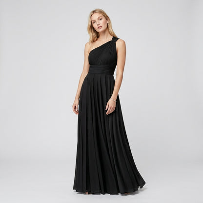 One-Shoulder V-Neck Chiffon Maxi Gown