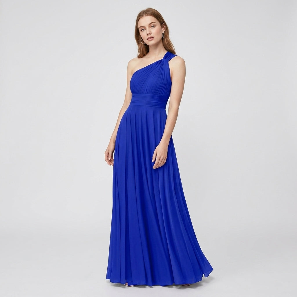 One-Shoulder V-Neck Chiffon Maxi Gown