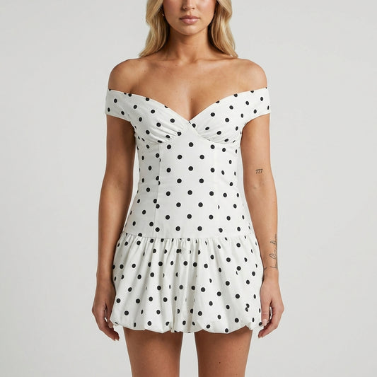 Off-Shoulder Polka Dot A-Line Mini Dress