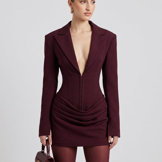 Deep V-Neck Suit Collar Milk Silk Mini Dress