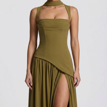 Pleated Scarf Strap High Slit Maxi Dress