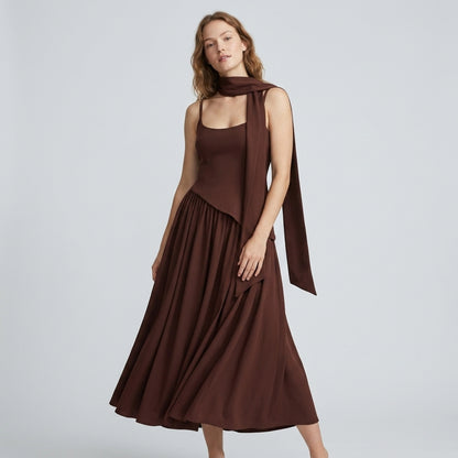 Pleated Scarf Strap High Slit Maxi Dress