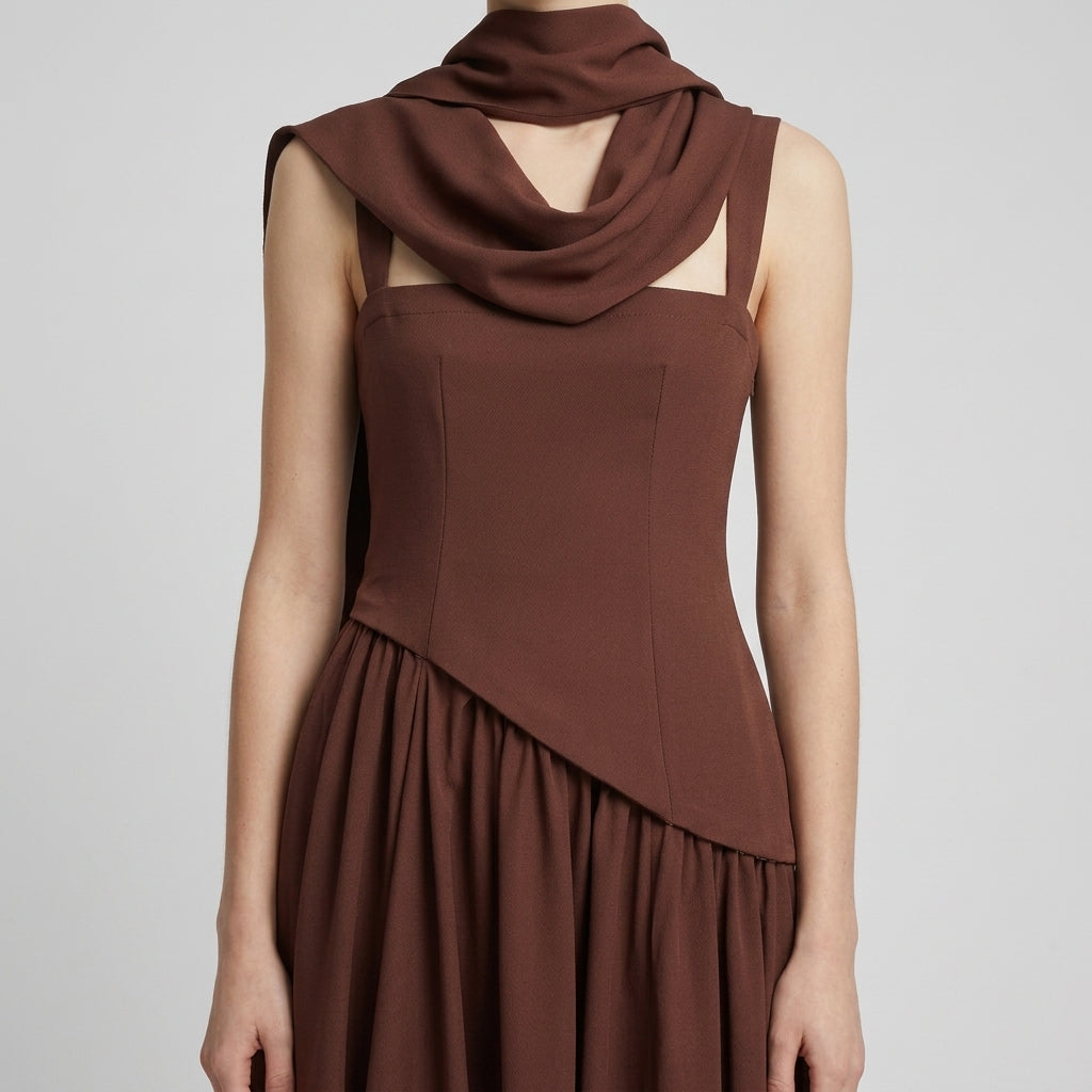 Pleated Scarf Strap High Slit Maxi Dress