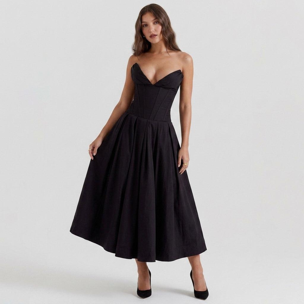 Deep V-Neck Wrap Sleeveless Mid-Length Dress