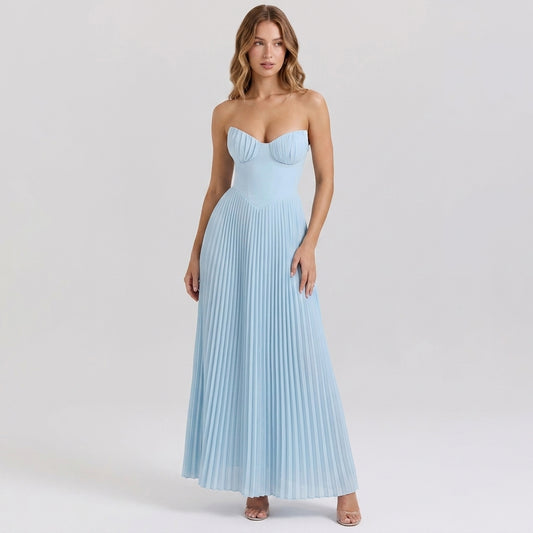 Strapless Ruched Pleated V-Neck Maxi Gown