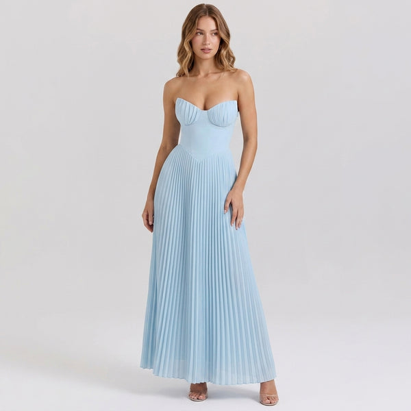 Strapless Ruched Pleated V-Neck Maxi Gown