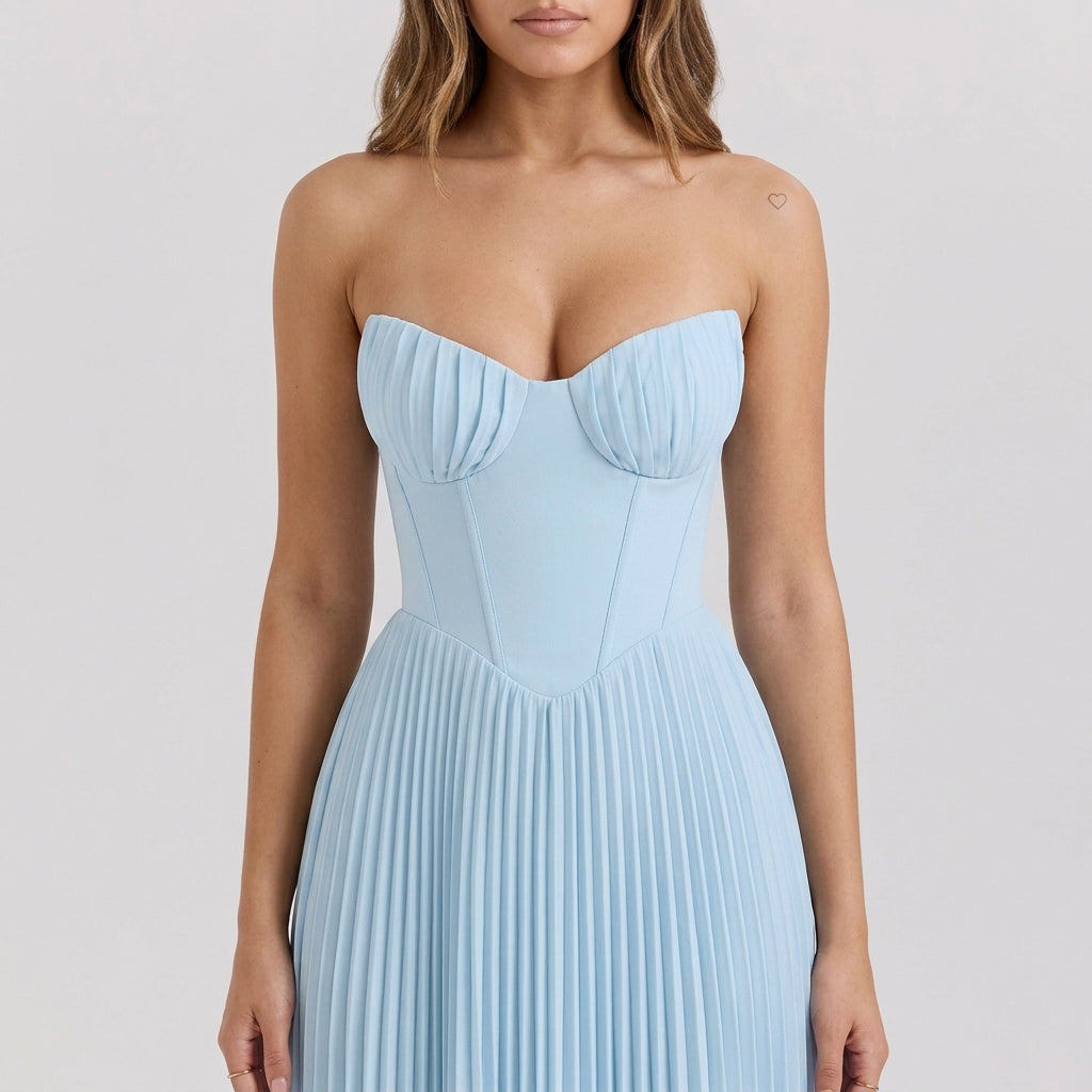Strapless Ruched Pleated V-Neck Maxi Gown