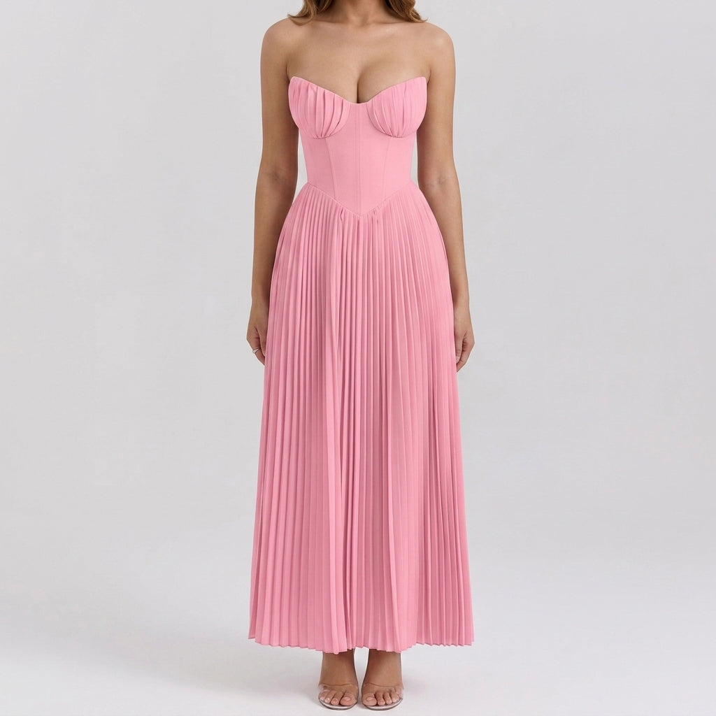 Strapless Ruched Pleated V-Neck Maxi Gown