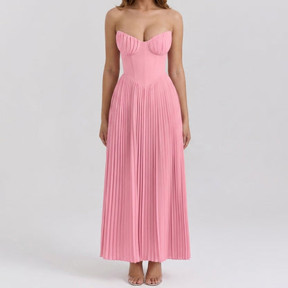 Strapless Ruched Pleated V-Neck Maxi Gown