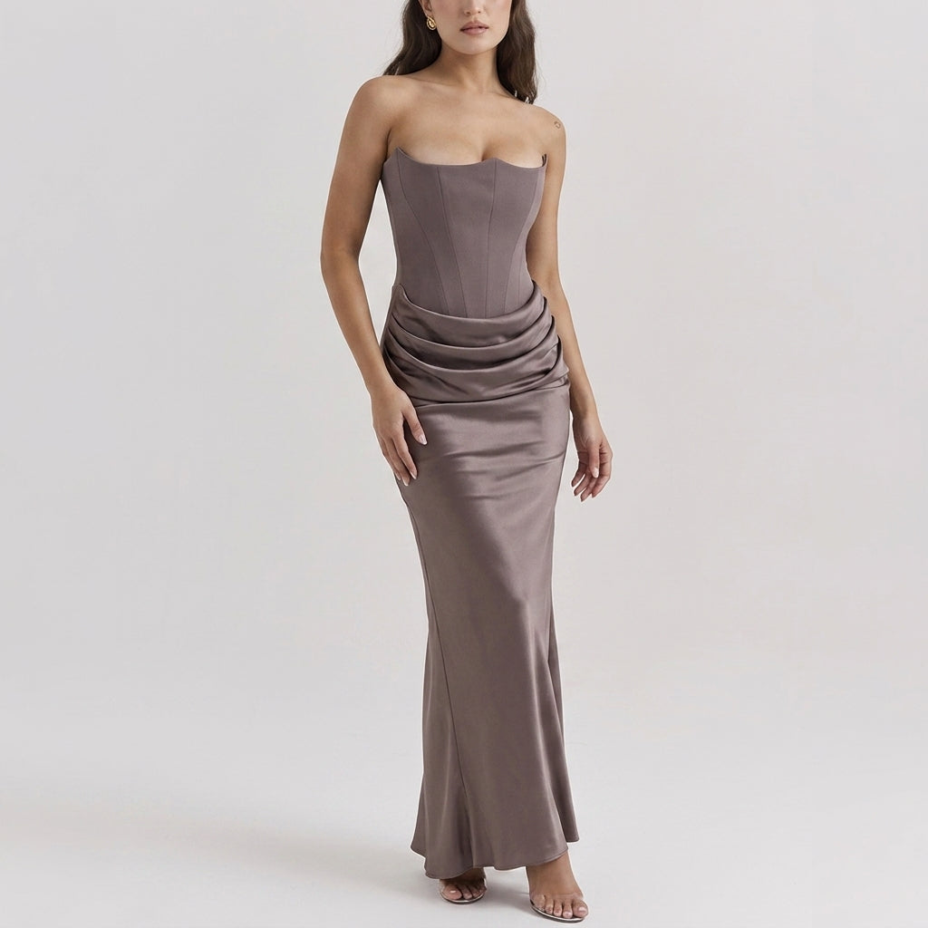 One-Shoulder Pleated Bodysuit Maxi Dress