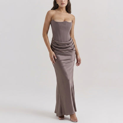 One-Shoulder Pleated Bodysuit Maxi Dress