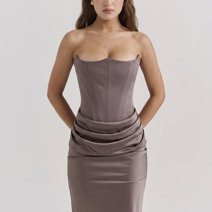 One-Shoulder Pleated Bodysuit Maxi Dress