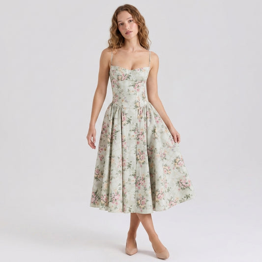 Off-The-Shoulder Puff Sleeve Corset Midi Dress