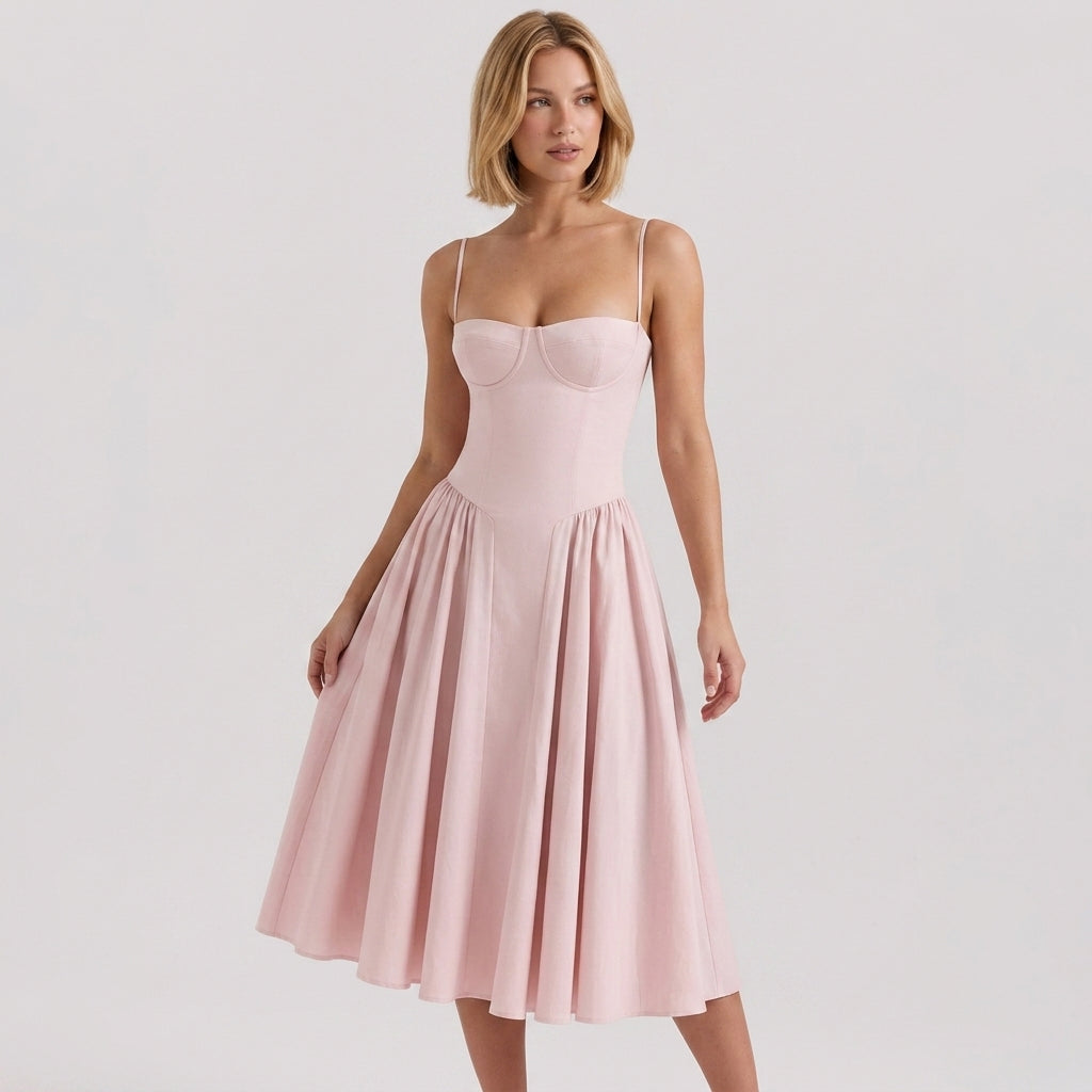 Off-The-Shoulder Puff Sleeve Corset Midi Dress