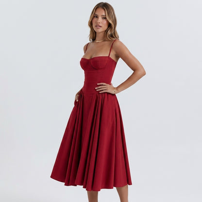 Off-The-Shoulder Puff Sleeve Corset Midi Dress