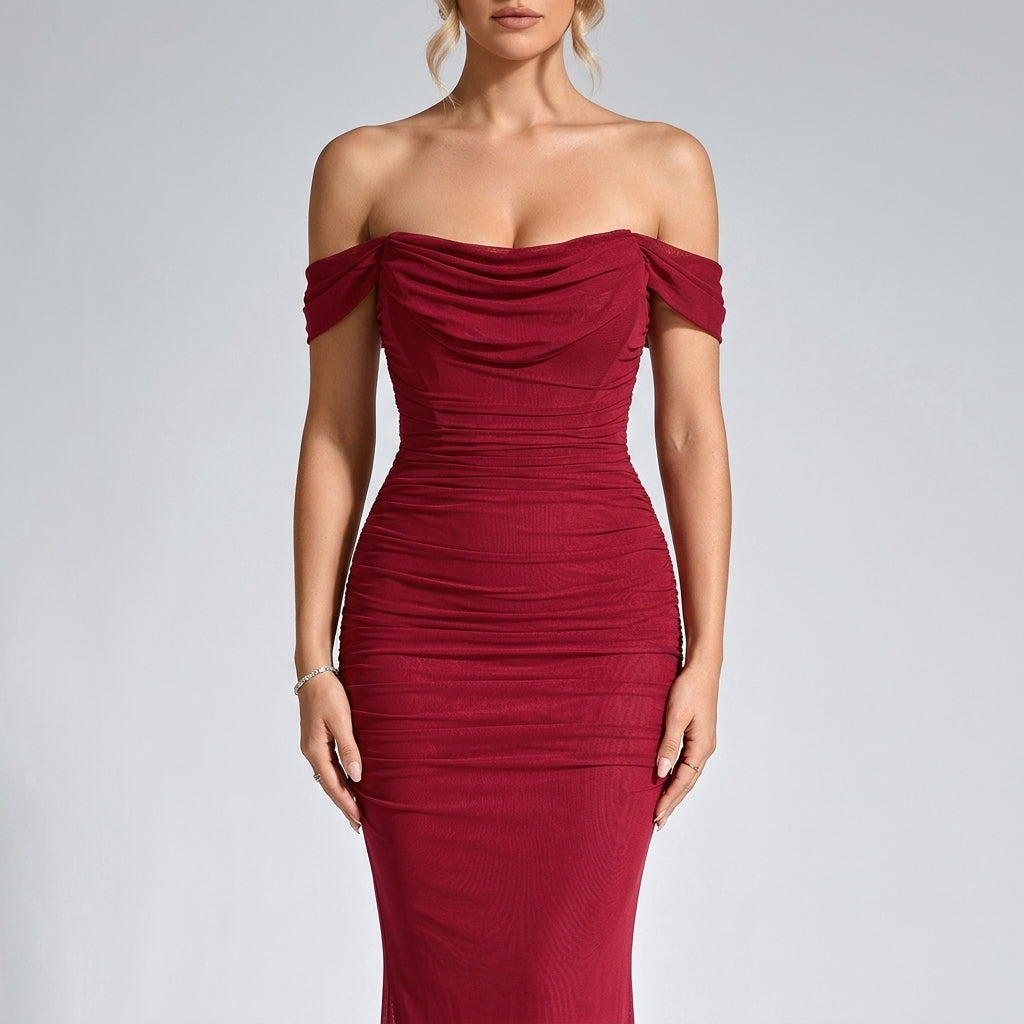 One-Shoulder Pleated Fishbone Mesh Midi Dress