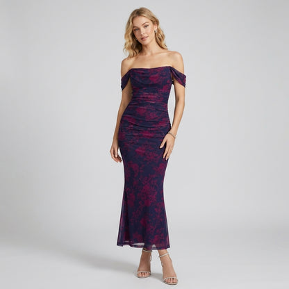 One-Shoulder Pleated Fishbone Mesh Midi Dress