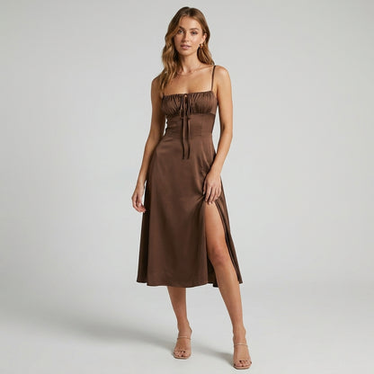 High-Waisted Lace-Up Sling Midi Dress with Slit