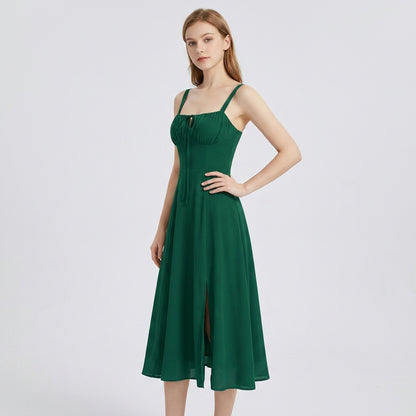 High-Waisted Lace-Up Sling Midi Dress with Slit