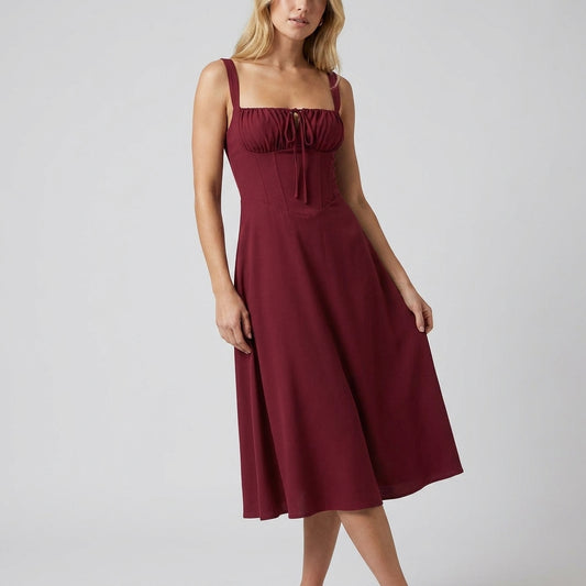 High-Waisted Lace-Up Sling Midi Dress with Slit