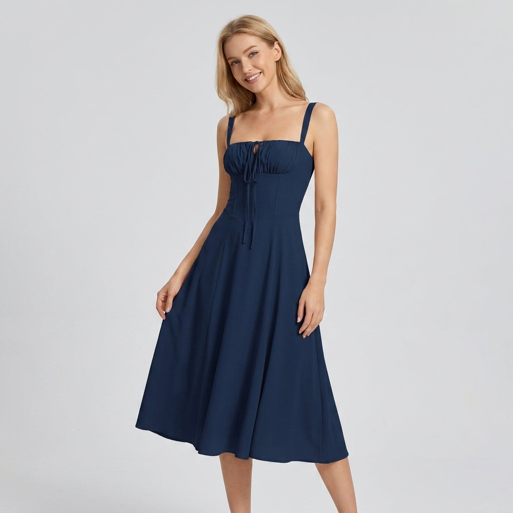High-Waisted Lace-Up Sling Midi Dress with Slit