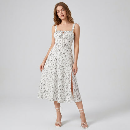 High-Waisted Lace-Up Sling Midi Dress with Slit