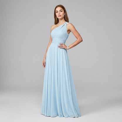 One-Shoulder V-Neck Chiffon Maxi Gown