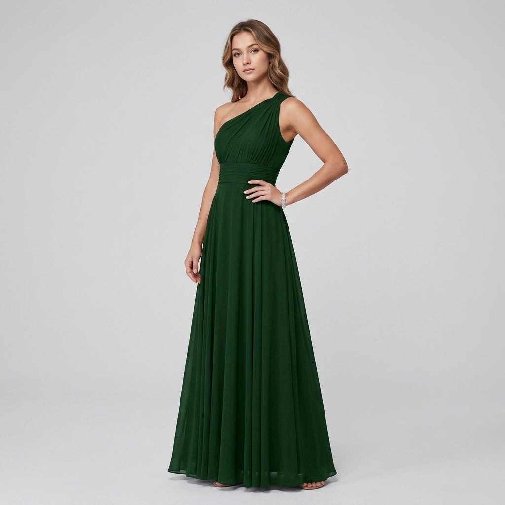 One-Shoulder V-Neck Chiffon Maxi Gown