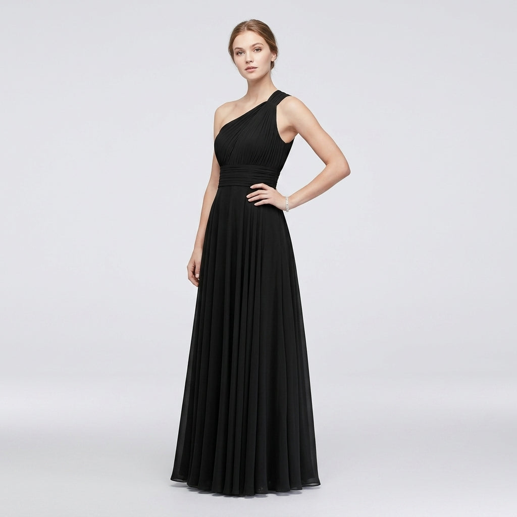 One-Shoulder V-Neck Chiffon Maxi Gown