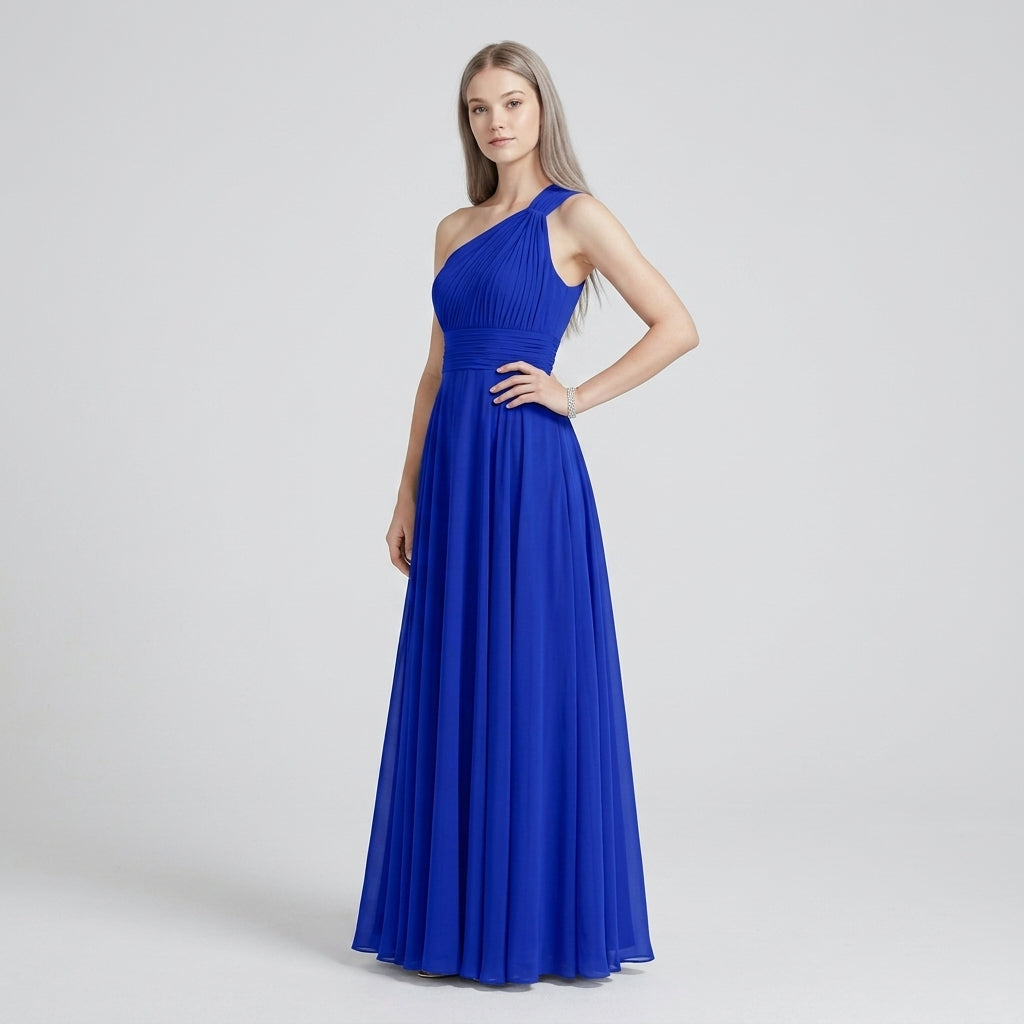One-Shoulder V-Neck Chiffon Maxi Gown