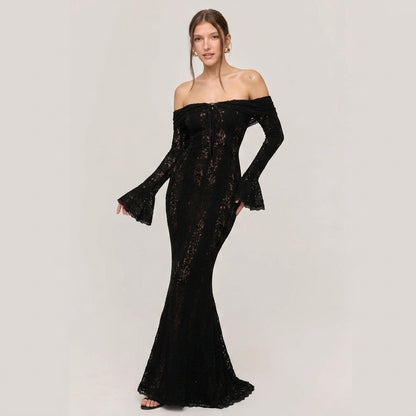 One-Shoulder Bell Sleeve Lace Maxi Gown
