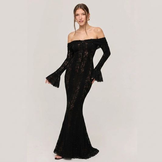One-Shoulder Bell Sleeve Lace Maxi Gown