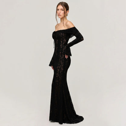 One-Shoulder Bell Sleeve Lace Maxi Gown