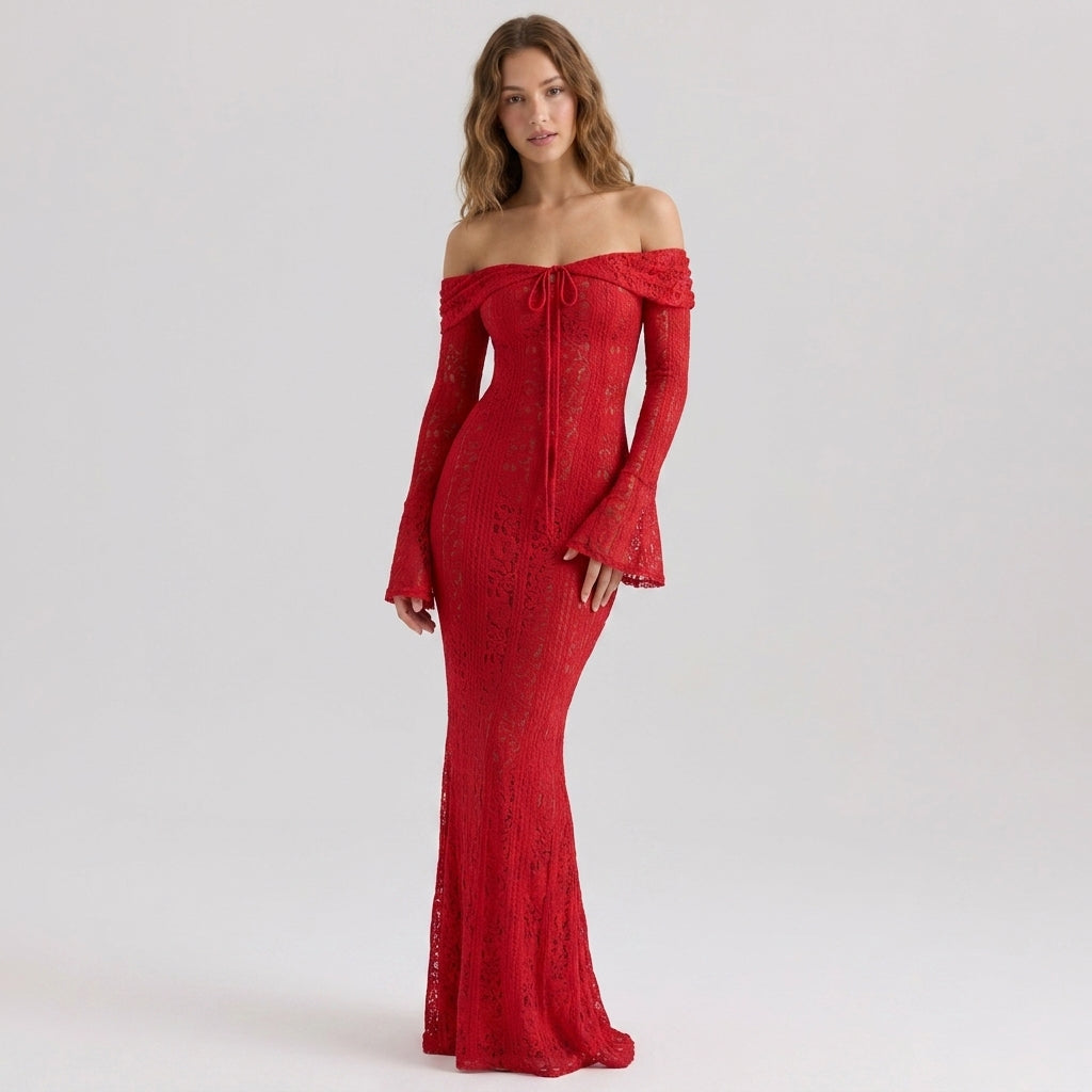One-Shoulder Bell Sleeve Lace Maxi Gown