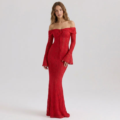 One-Shoulder Bell Sleeve Lace Maxi Gown
