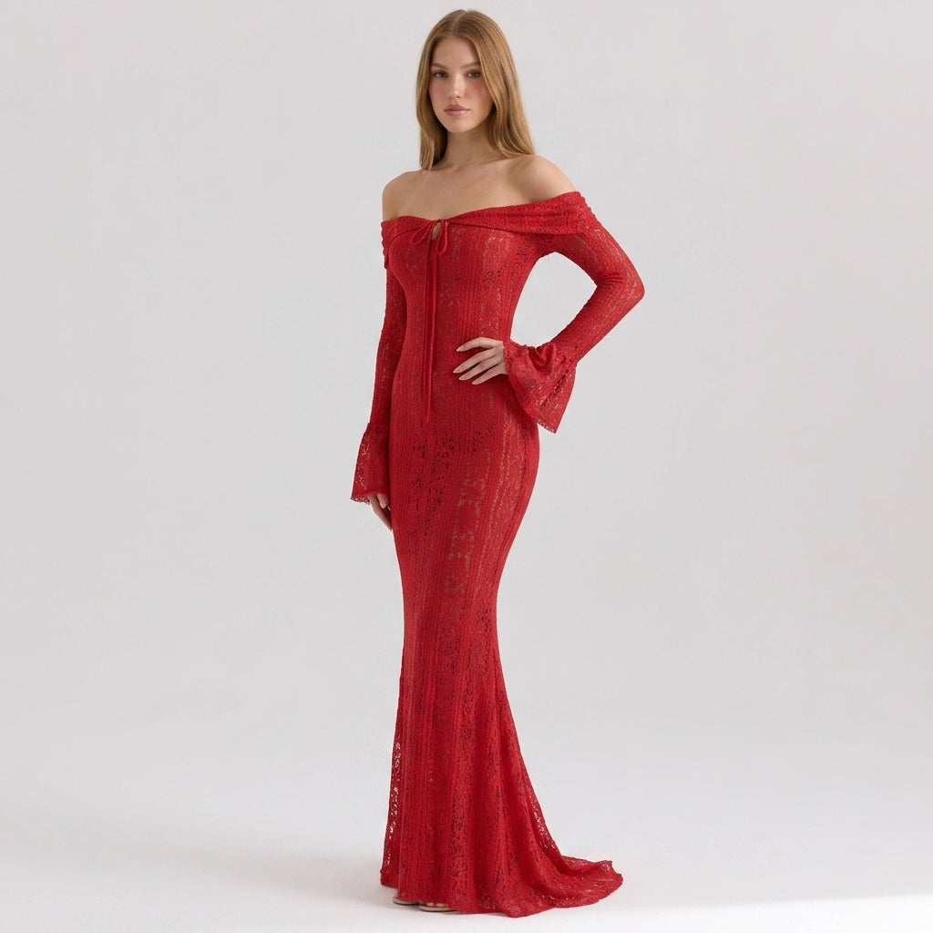 One-Shoulder Bell Sleeve Lace Maxi Gown