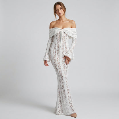 One-Shoulder Bell Sleeve Lace Maxi Gown