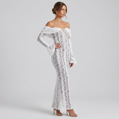 One-Shoulder Bell Sleeve Lace Maxi Gown